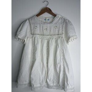 LEIFNOTES Anthropologie White Beaded Embroidered Linen Blend Tunic 12